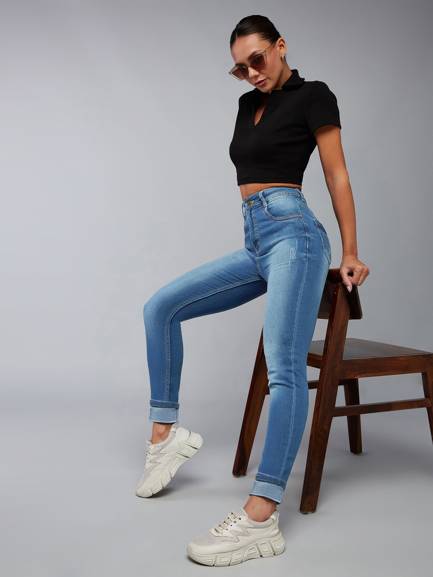 DOLCE CRUDO Blue Denim Distressed High Rise Jeans