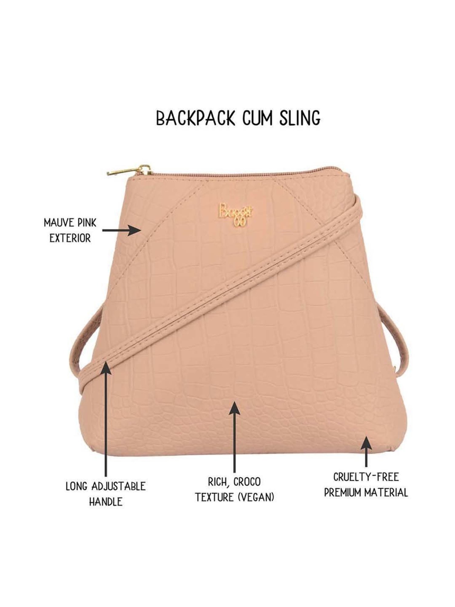 Baggit Mauve Textured Small Convertible Backpack