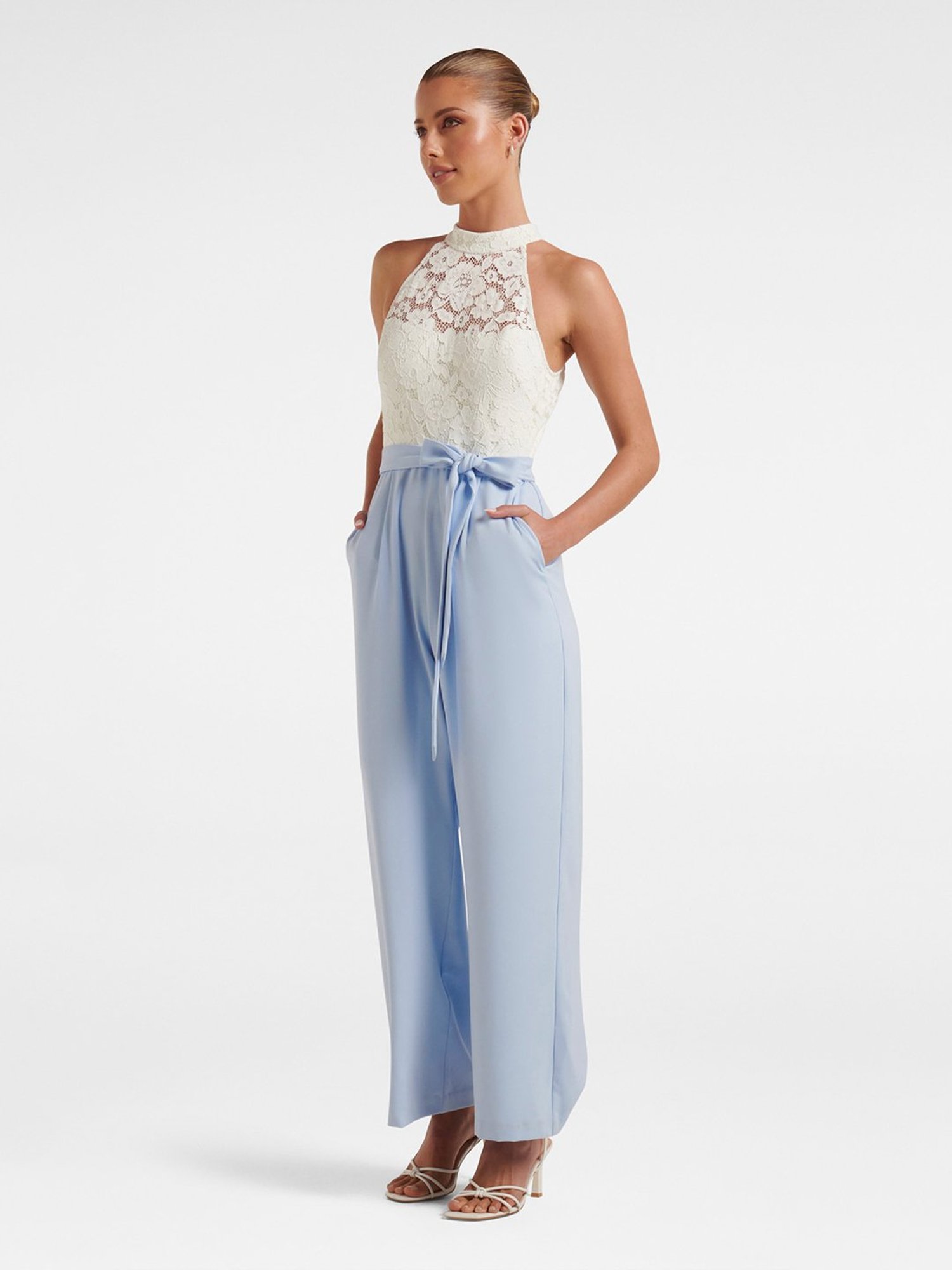 Forever New White & Blue Lace Jumpsuit