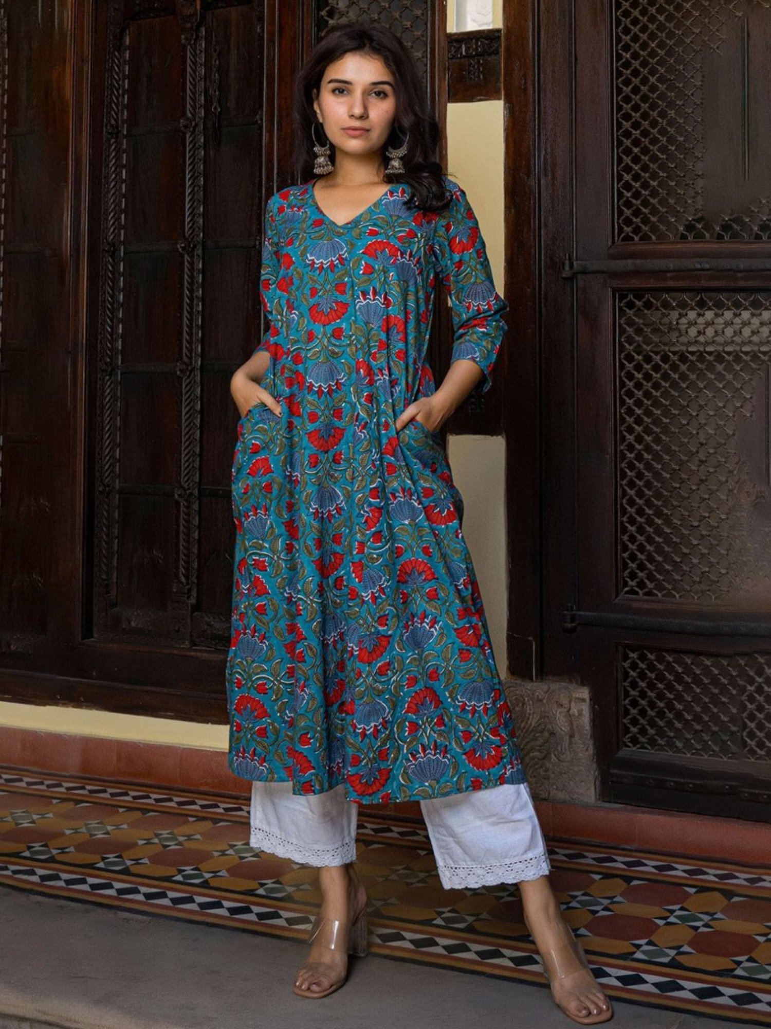 Eeshva India Green Hand Blocked Kali Kurta In Cotton