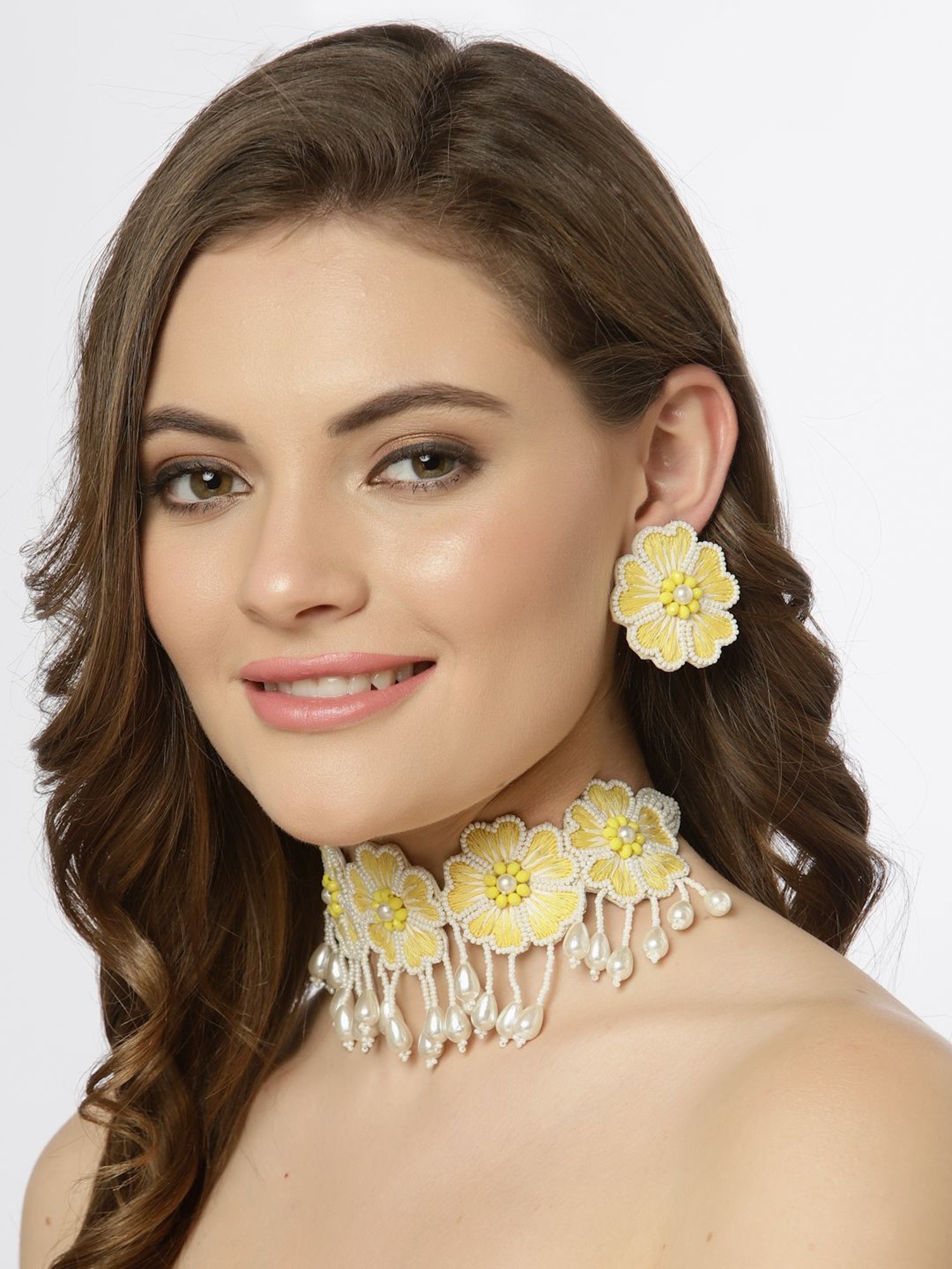Moedbuille White Pearls Handcrafted Embroidered Yellow Floral Design Contemporary Necklace Set