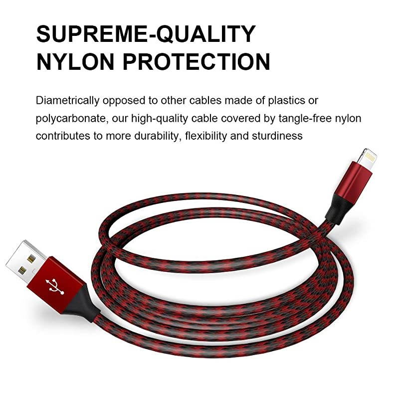 ChargerYEFOOT MFi Certified Lightning Cable336610FTUSB Syncing Data Nylon Braided with Metal Connector Compatible 11ProMaxXXSXRXS Max8Plus77 Plus MoreBlackRed