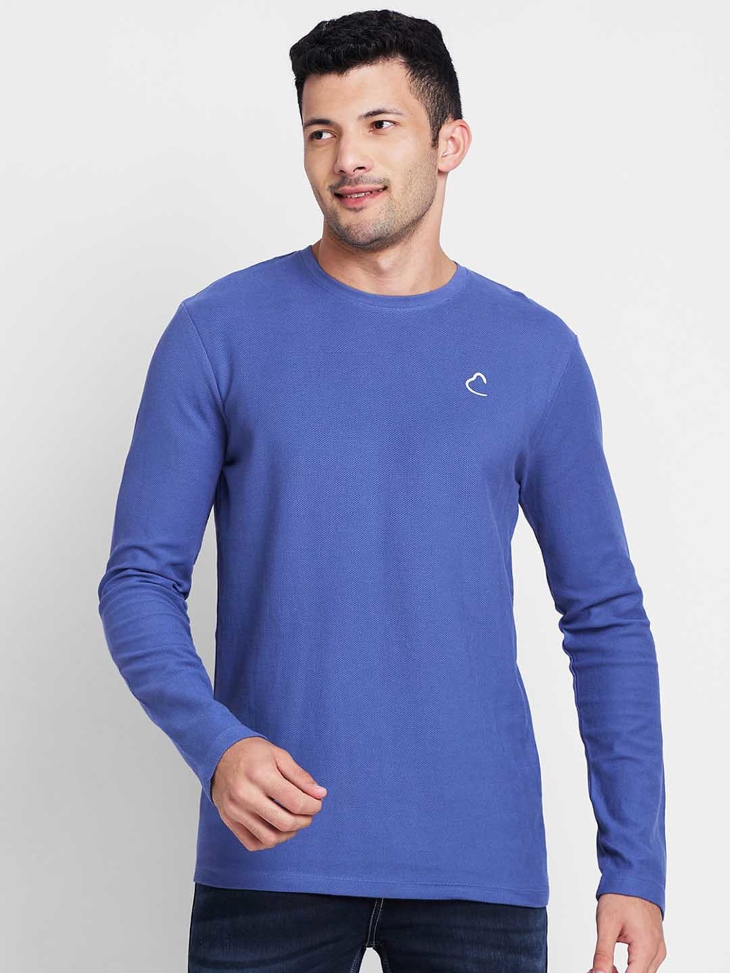 Being Human Blue Regular Fit Textured Crew T-Shirt