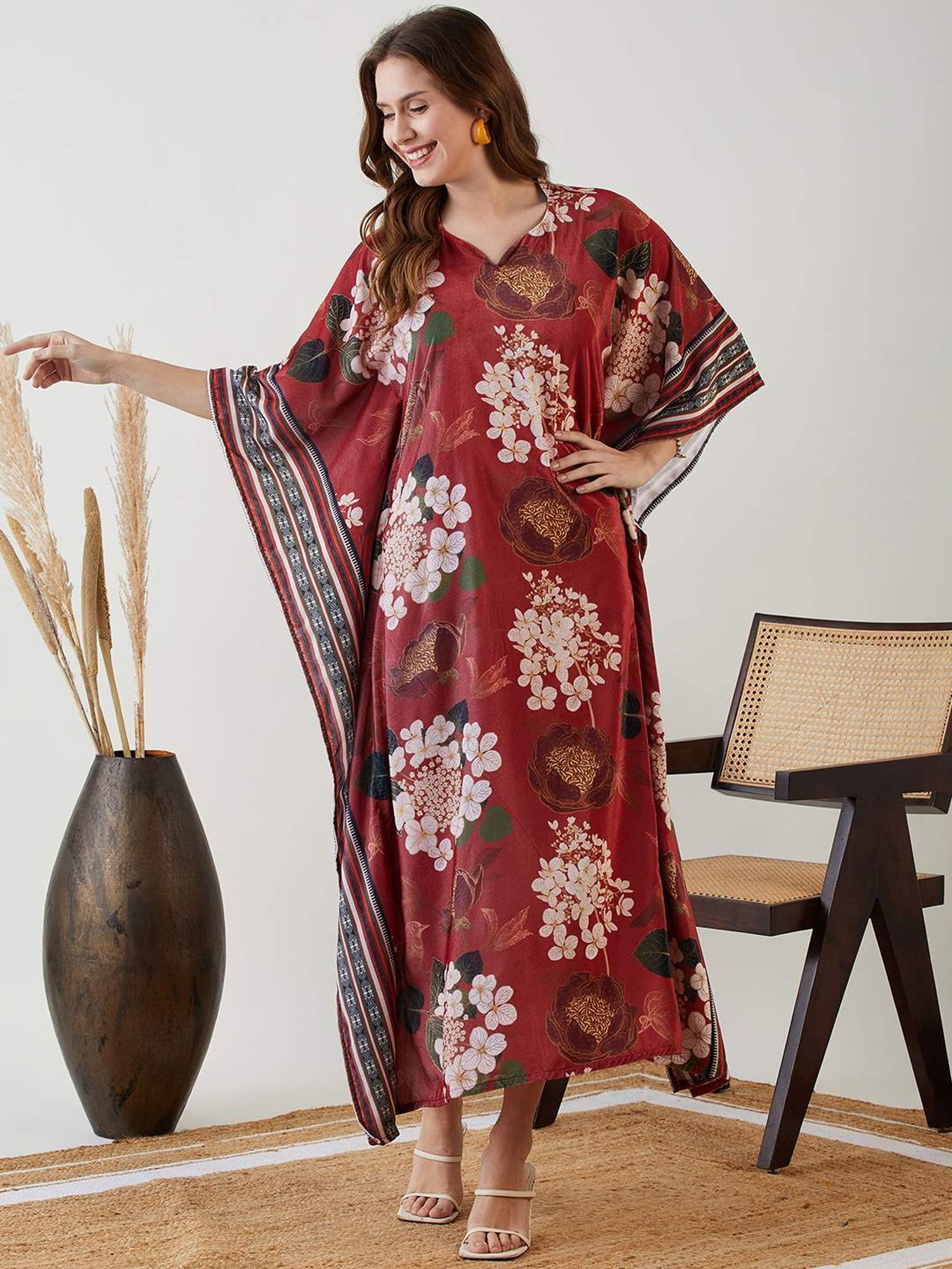 The Kaftan Company Maroon Printed Maxi Kaftan