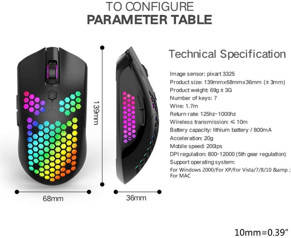 Ajiestour X2 12000DPI Dual Mode Gaming Mouse 7 Keys Hollow Out Design Wireless Mouse with RGB Light Effect for Laptop PC Computer