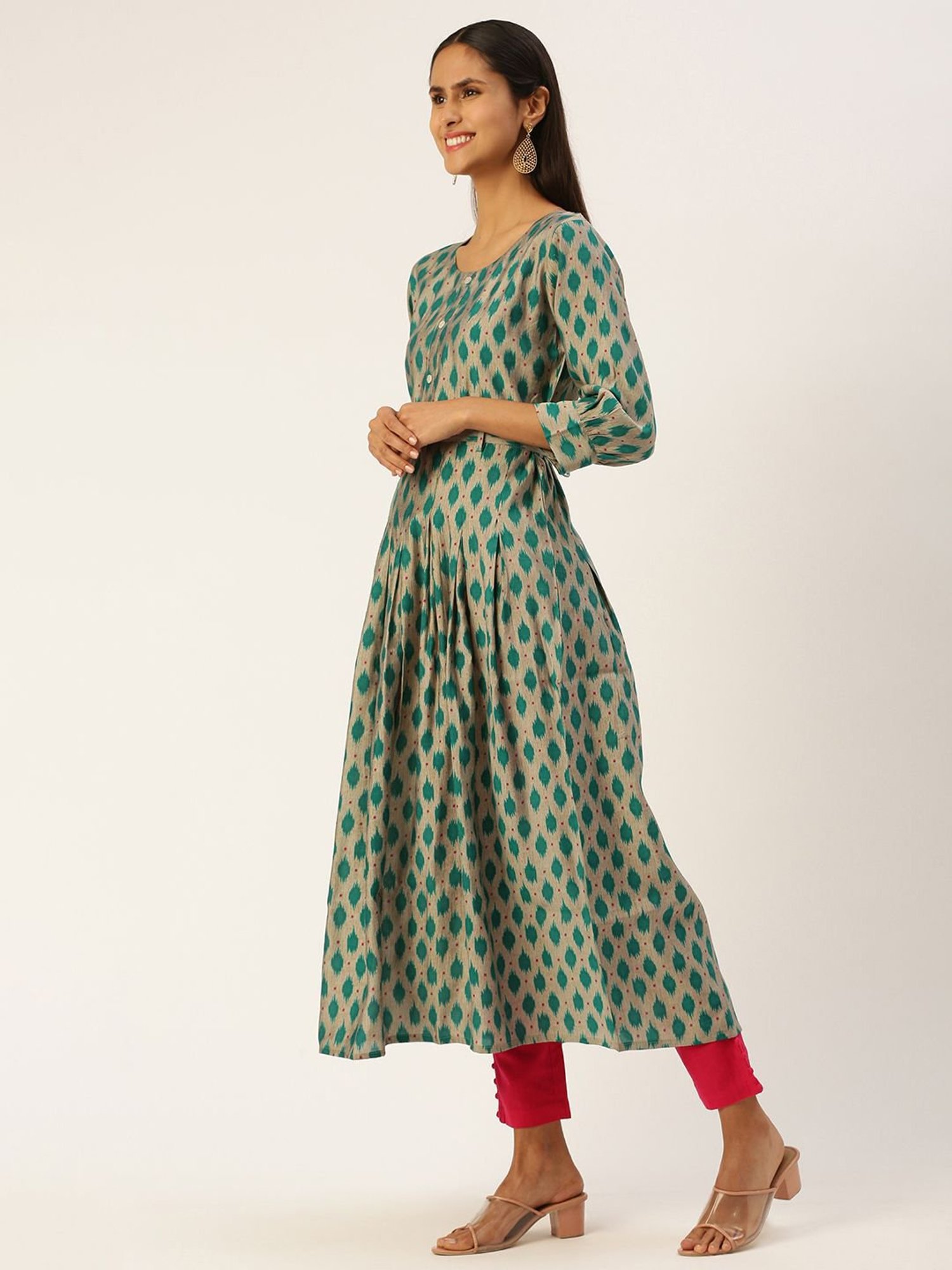SHANVIKA Beige & Green Printed Cotton Silk A Line Kurta