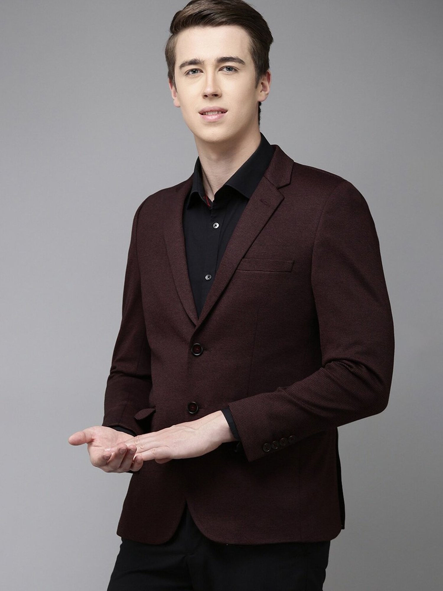 Van Heusen Maroon Slim Fit Check Notch Laple Blazer