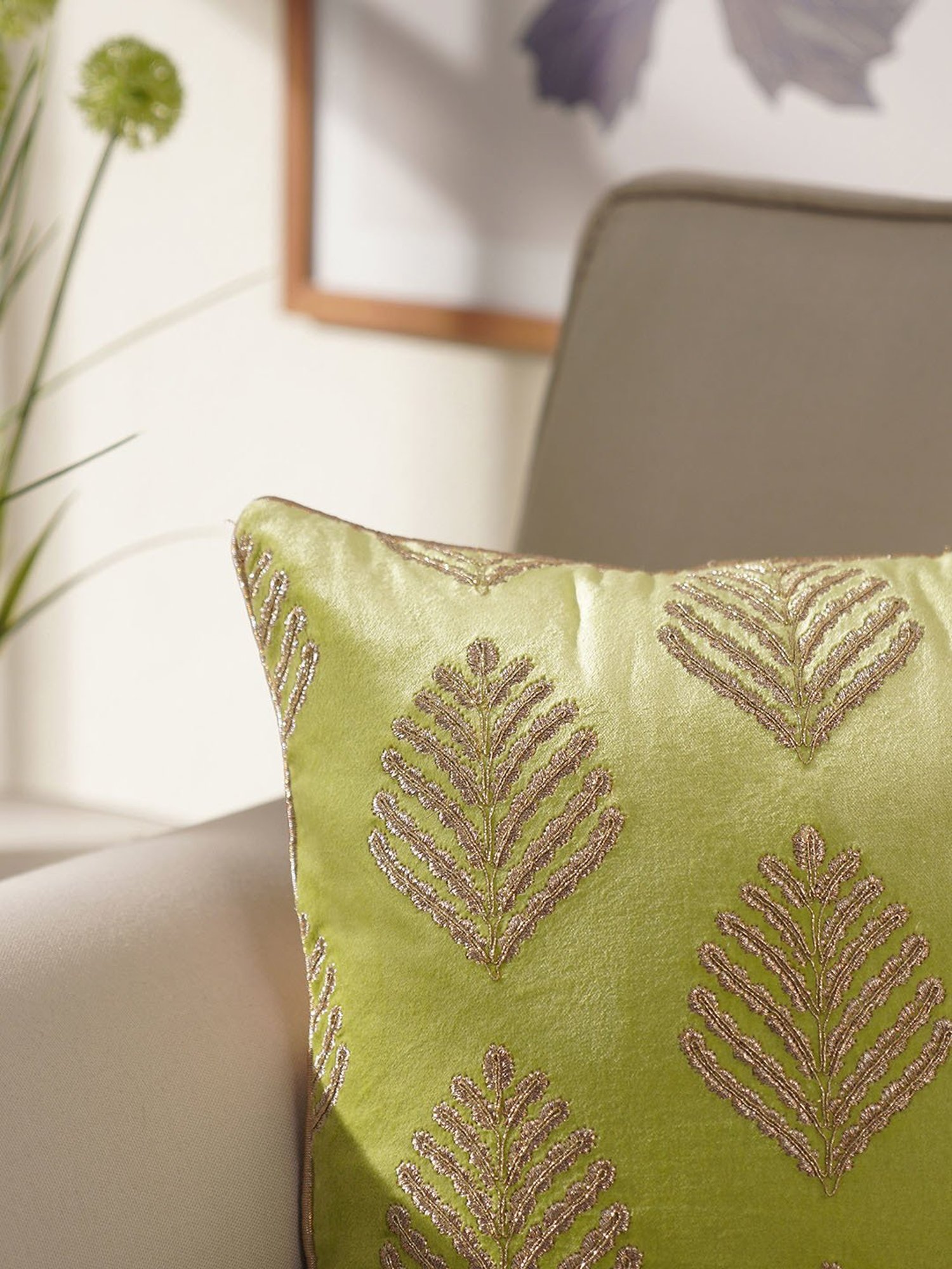 Pure Home and Living Green Cotton Embroidery Cushion Cover