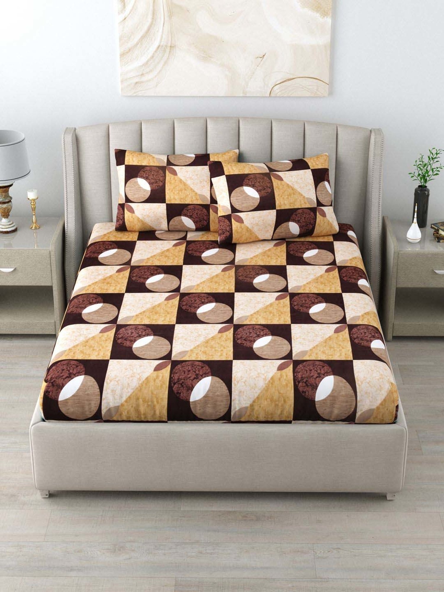 Living Roots Brown & Beige Polyester 120 TC Queen Bedsheet with 2 Pillow Covers