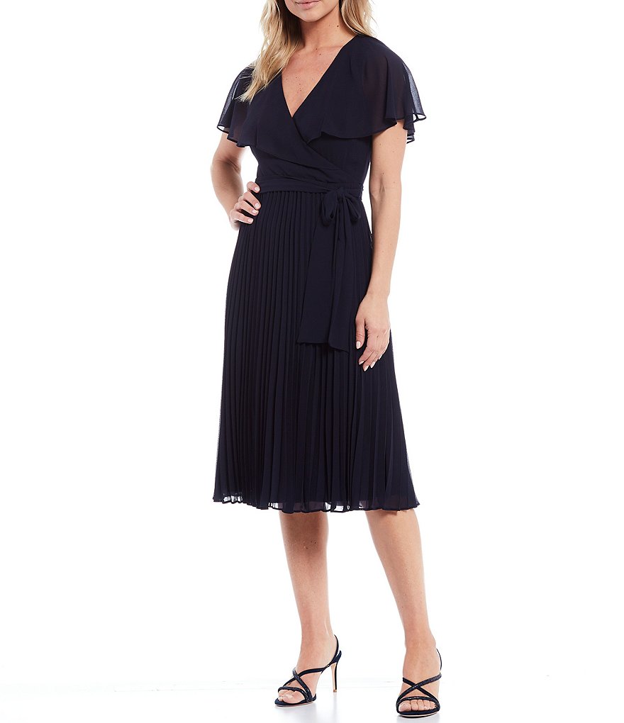 Jessica Howard Petite Size Short Flutter Sleeve Pleated Faux Wrap Midi Dress