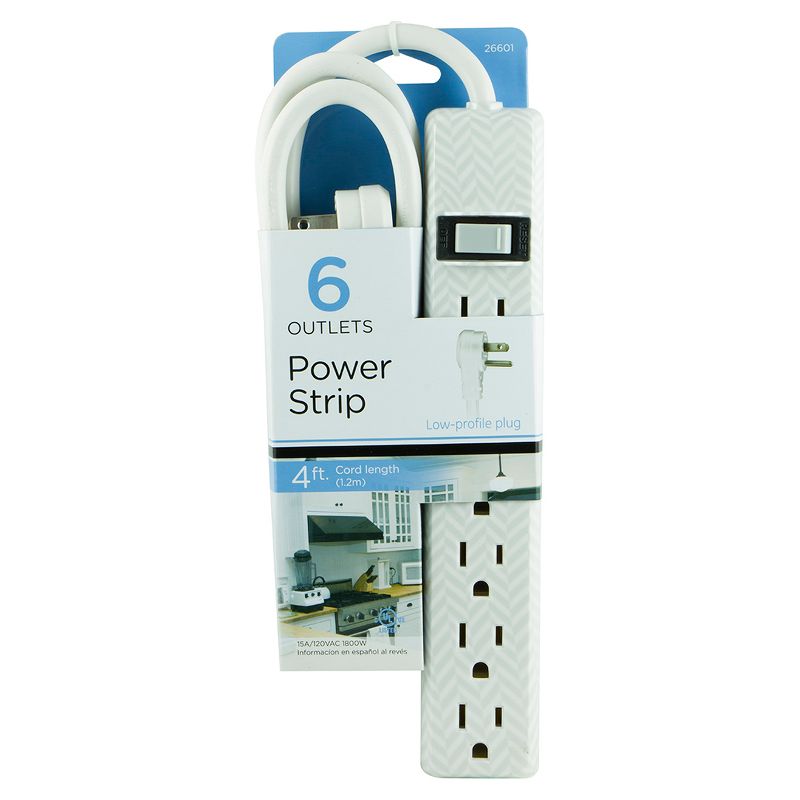 GE General Purpose 6-Outlet Power Strip with 4ft Extension Cord, Striped Design, White, Gray