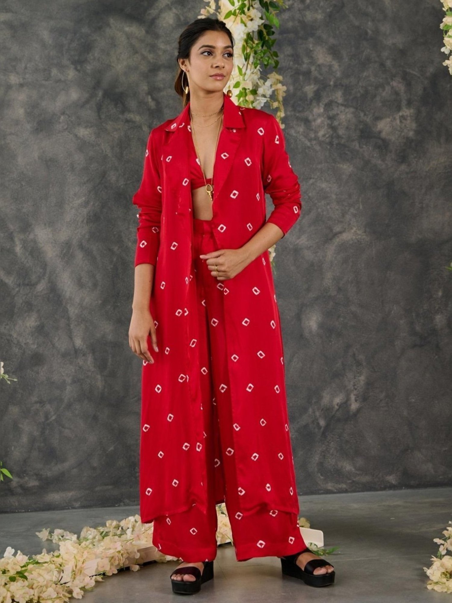 Gulaal Red Bandhani Modal Satin Shrug with Pant