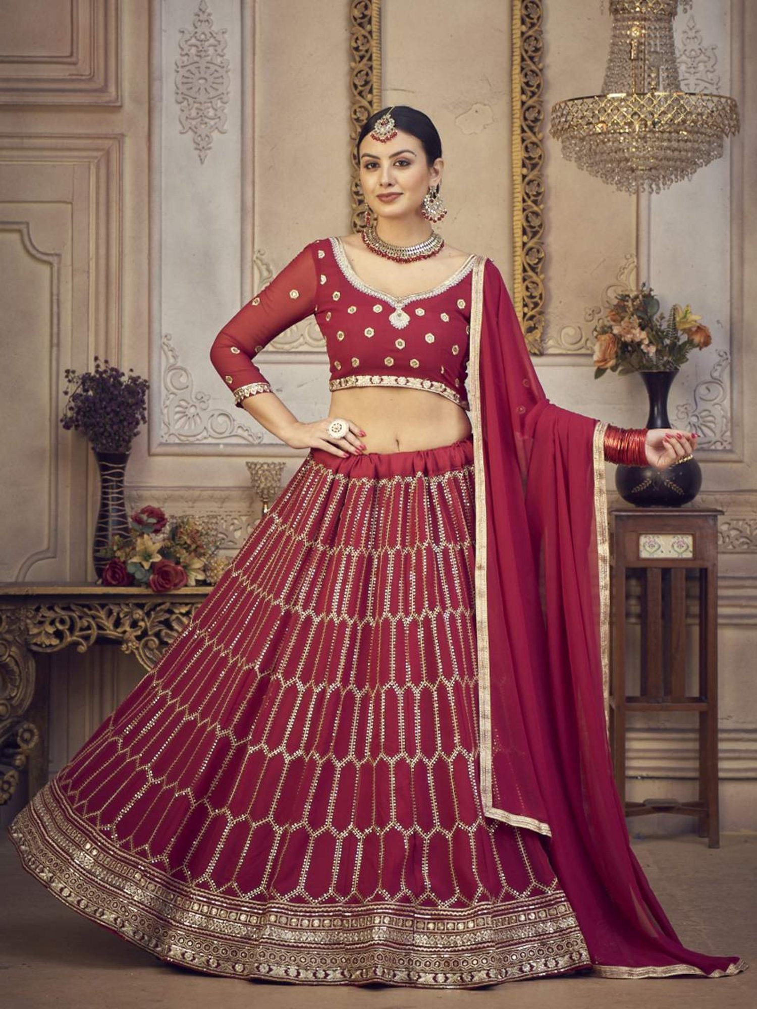 Warthy Ent Maroon Embellished Semi Stitched Lehenga Choli Set With Dupatta