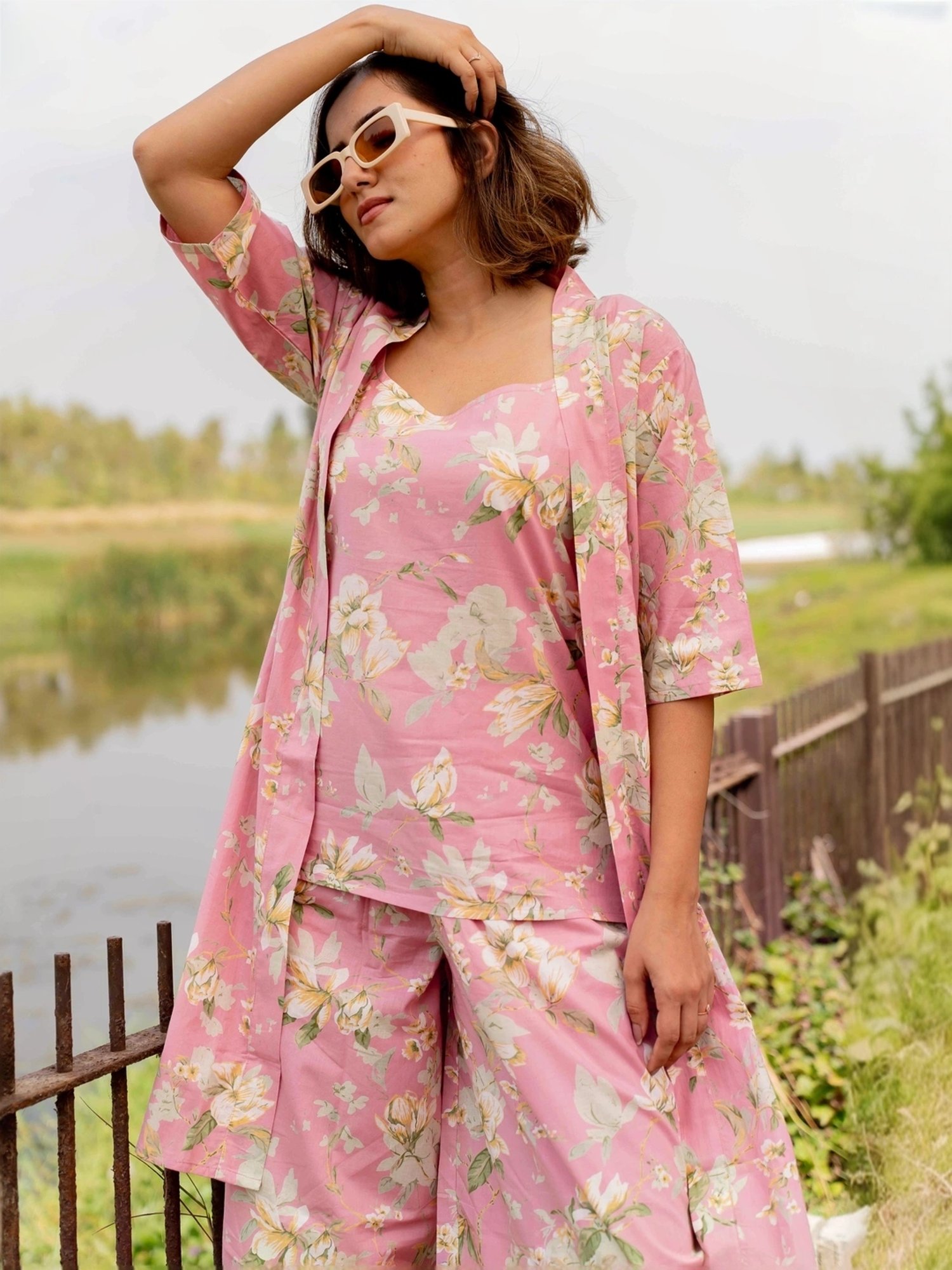 MIRCHI FASHION Pink Cotton Printed Top Palazzo Set With Shrug