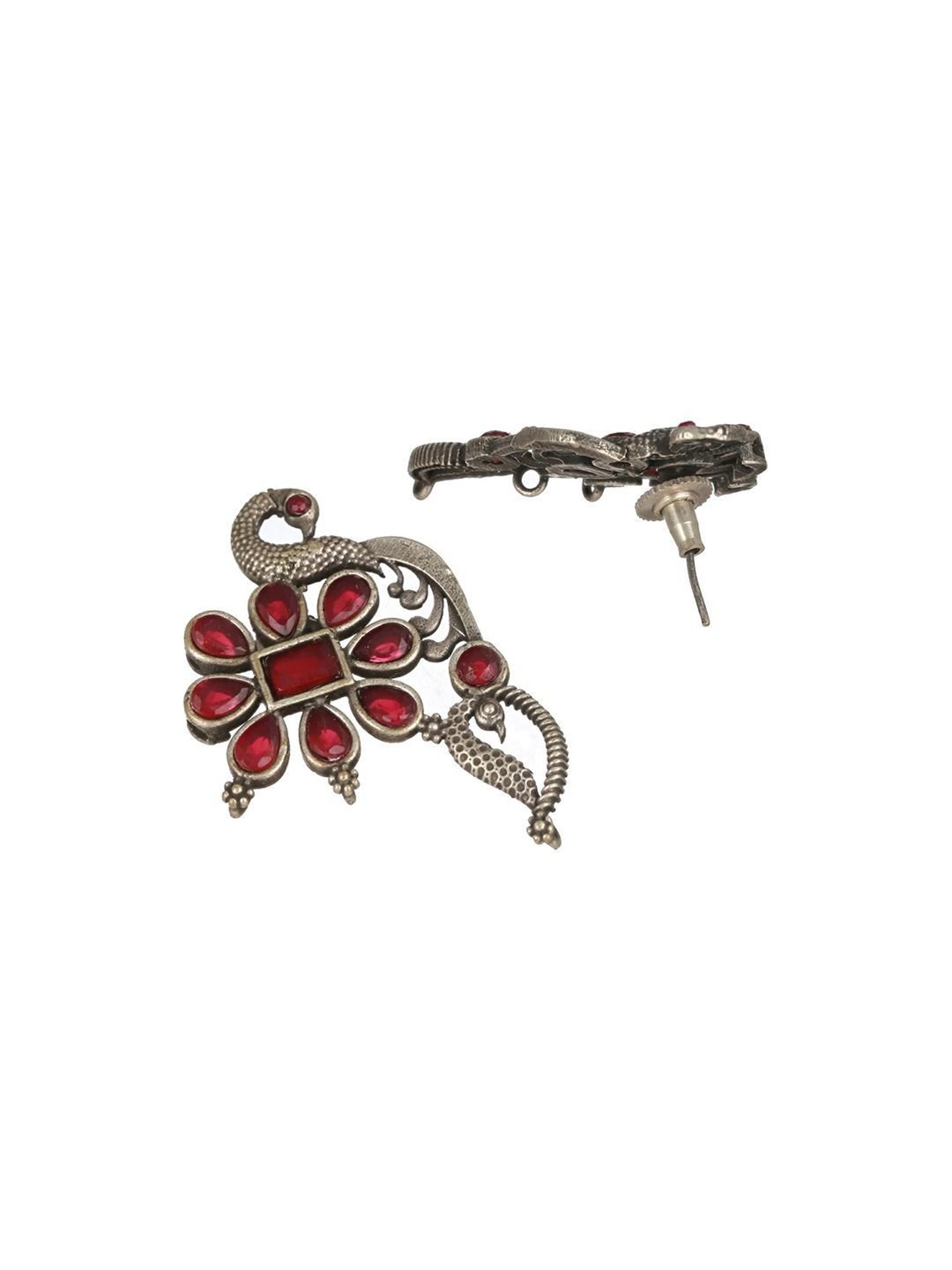 Aatmana Silver-Plated & Red Stone-Studded Oxidized Peacock Shaped Stud Earrings