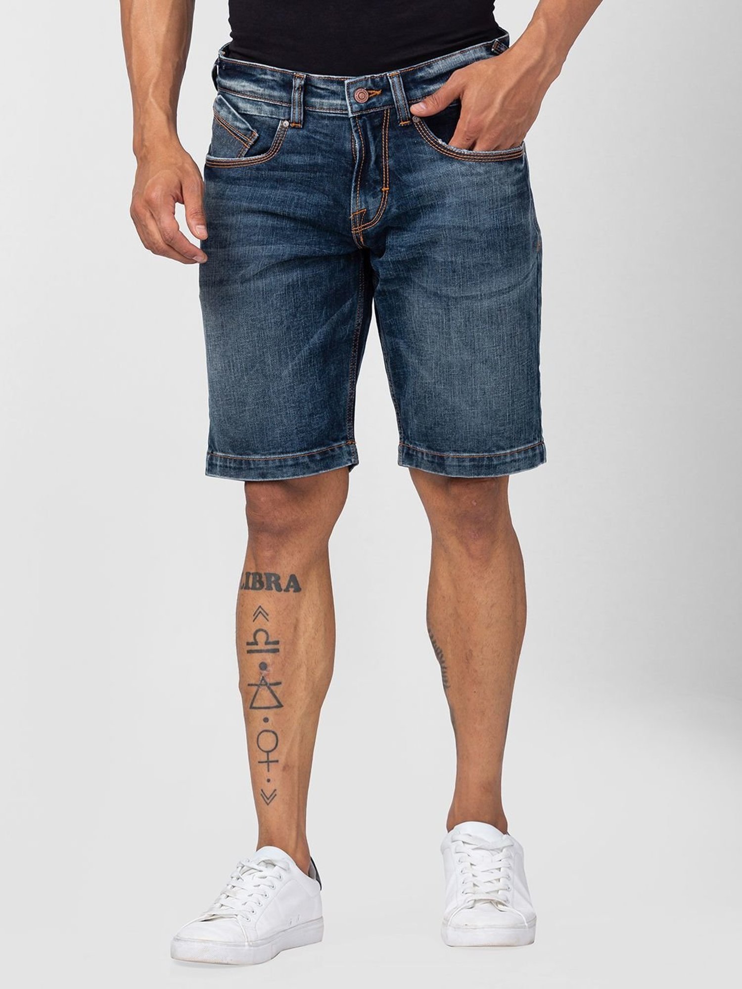 Spykar Vintage Blue Cotton Regular Fit Denim Shorts