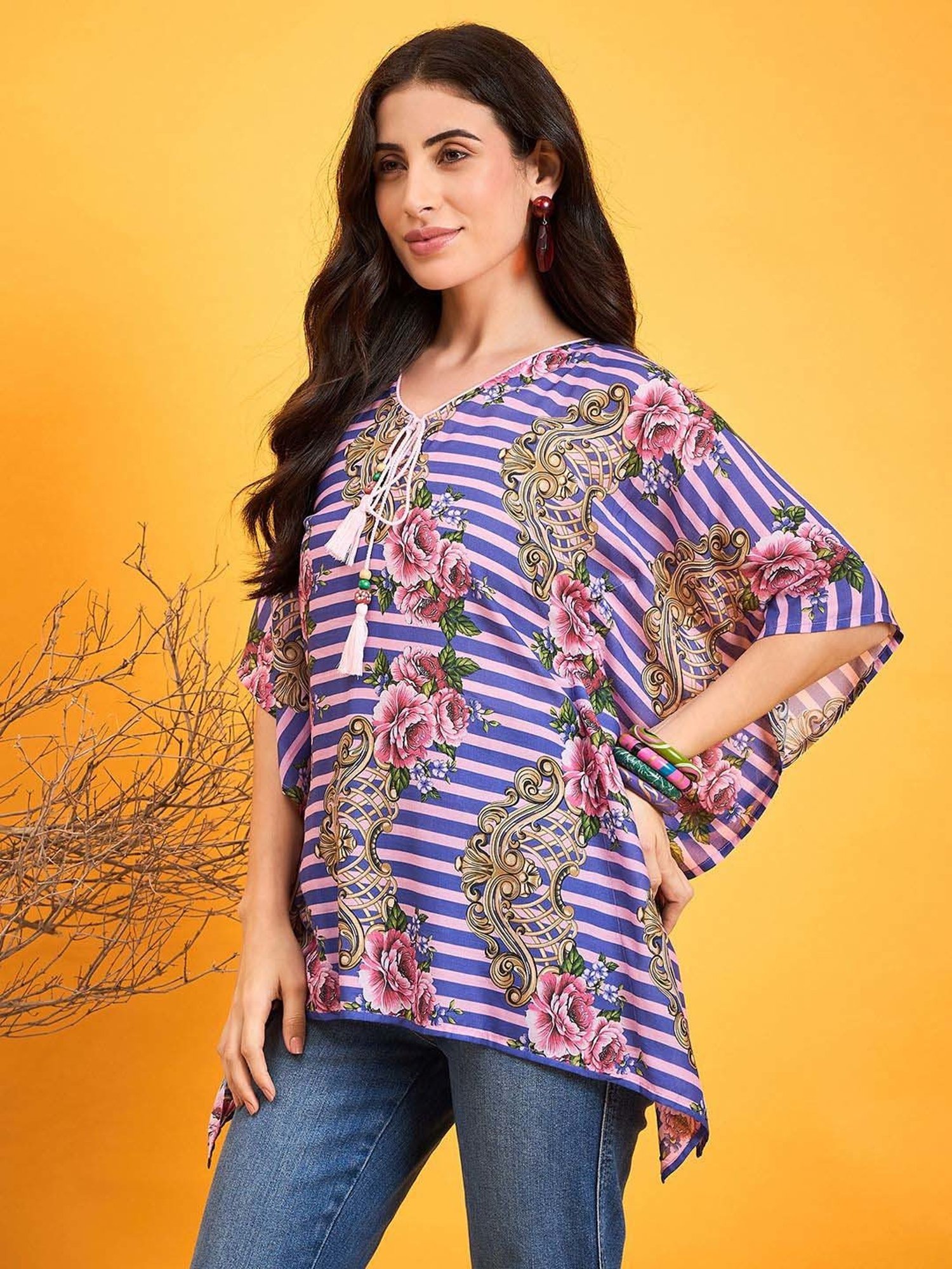 The Kaftan Company Blue Cotton Striped Kaftan Top