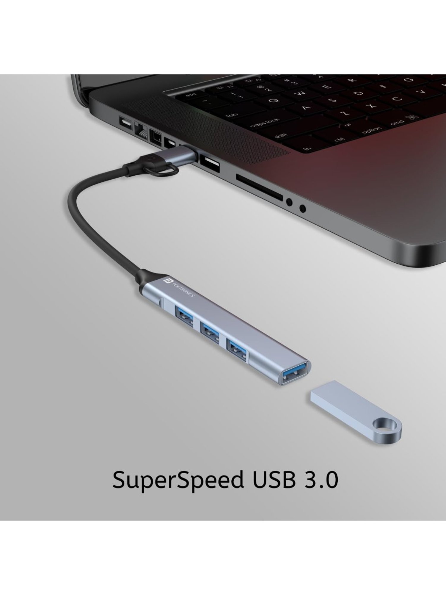 Portronics Mport 31 Pro USB 3.0 Hub 4-in-1 with Type-C & USB Dual Plugs, USB 3.0 SuperSpeed (Grey)