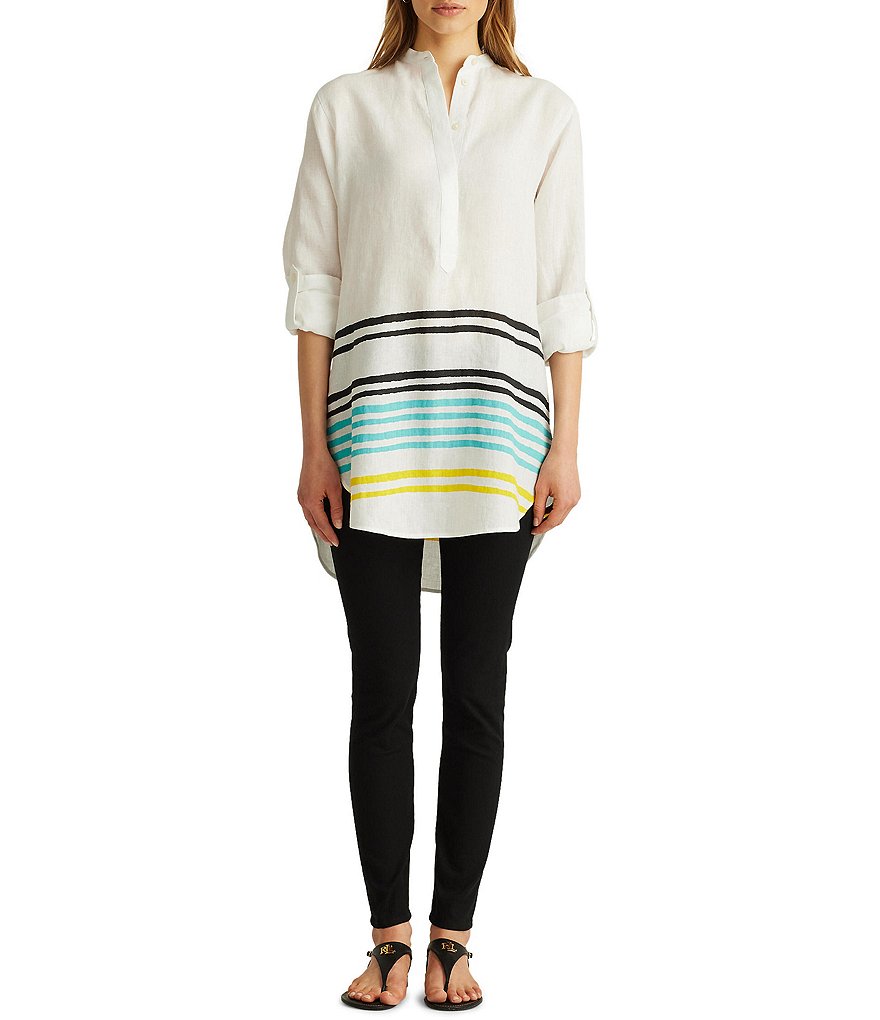 Lauren Ralph Lauren Striped Linen Long Roll-Tab Sleeve Hi-Low Tunic
