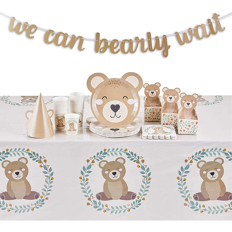 Sparkle and Bash Serves 24 "We Can Bearly Wait Baby" Shower Party Supplies Banner Hats Tablecloth Plates Napkins Cups