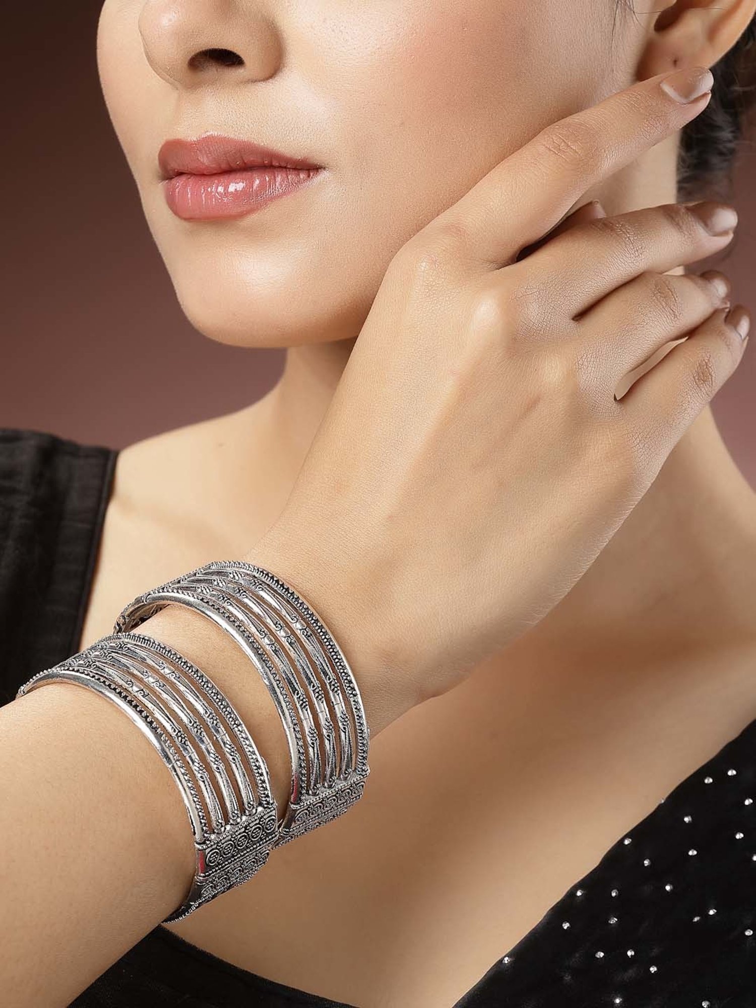 NVR Silver-Toned German Silver Oxidized Kada Bangle for Women