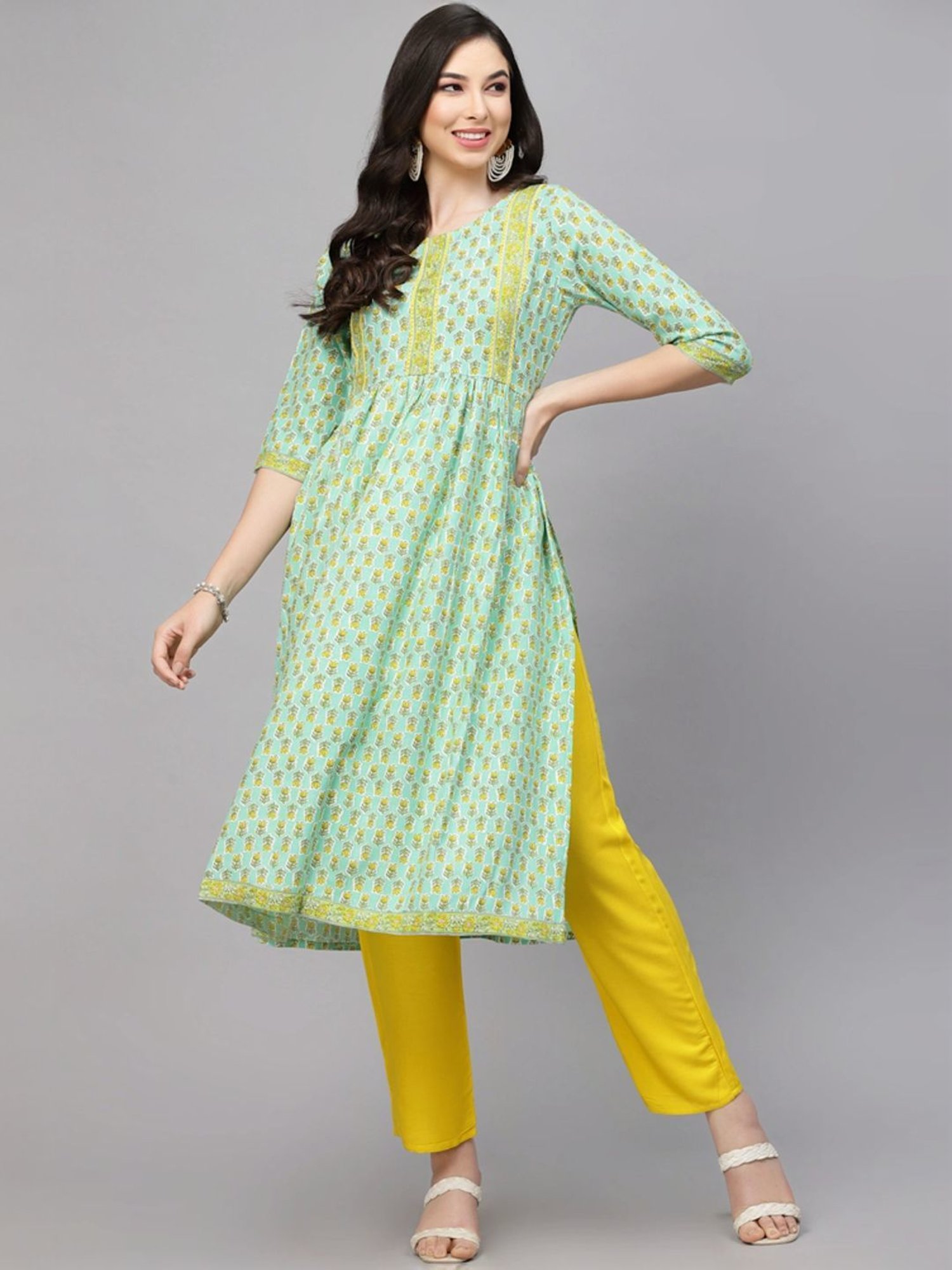 Stylum Sea Green & Yellow Floral Print Kurta & Pant Set With Dupatta