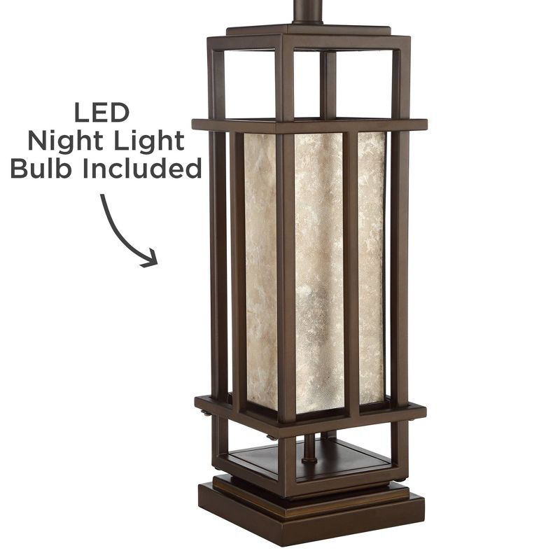Franklin Iron Works Rustic Farmhouse Table Lamp with Nightlight LED Caged Brown Oatmeal Fabric Drum Shade for Living Room Bedroom