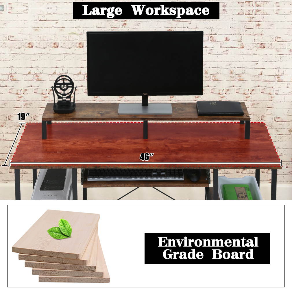 Computer Desk Home Office Desk 46 inches Gaming Writing Desk Student Girl Kids Study Desk Ergonomic Table Workstation with Monitor Stand Shelf/Bookshelves/CPU Stand