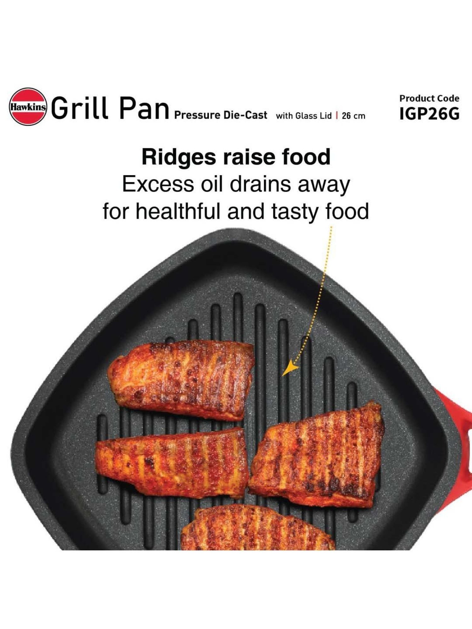 Hawkins Red Ceramic 26 cm Die Cast Square Grilling Pan With Glass Lid (Igp26G) (1.18 L)