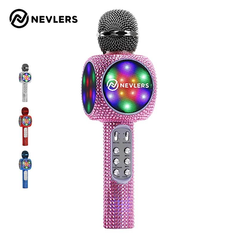 Karaoke Bling Microphone with Wireless Bluetooth Speaker, Voice Changer and Colorful LED Lights, Easy to Use Portable Karaoke Machine for Kids and Adults - Pink Crystal