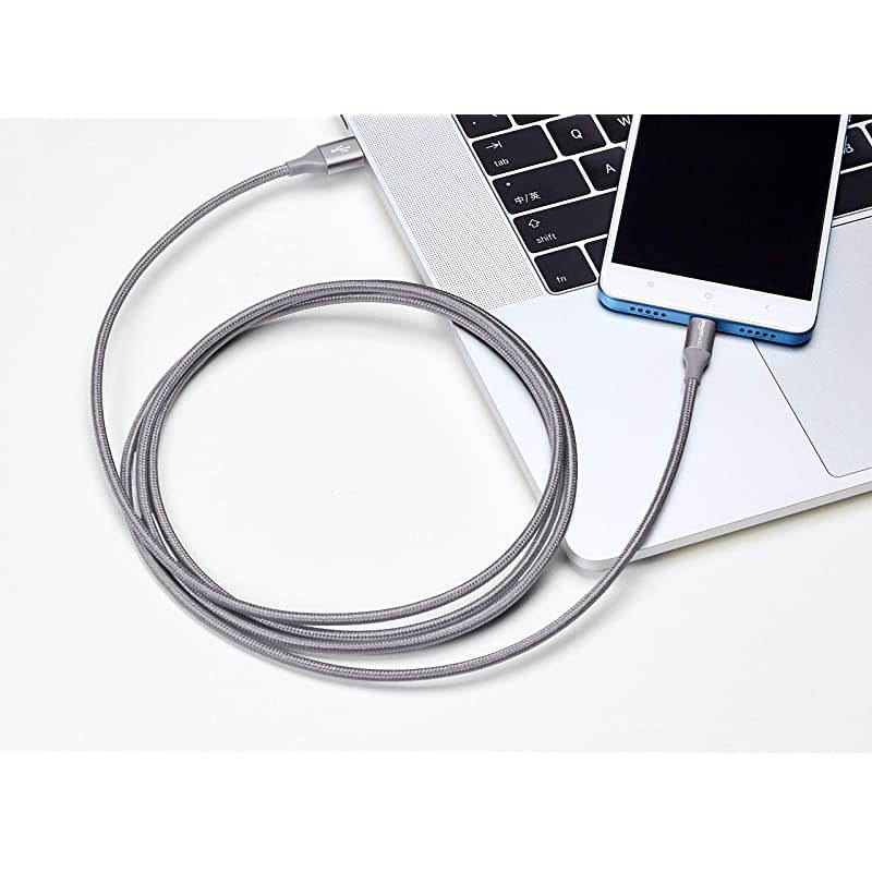 Double Braided Nylon USB TypeC to MicroB 20 Male Charger Cable | 6 feet Dark Grey