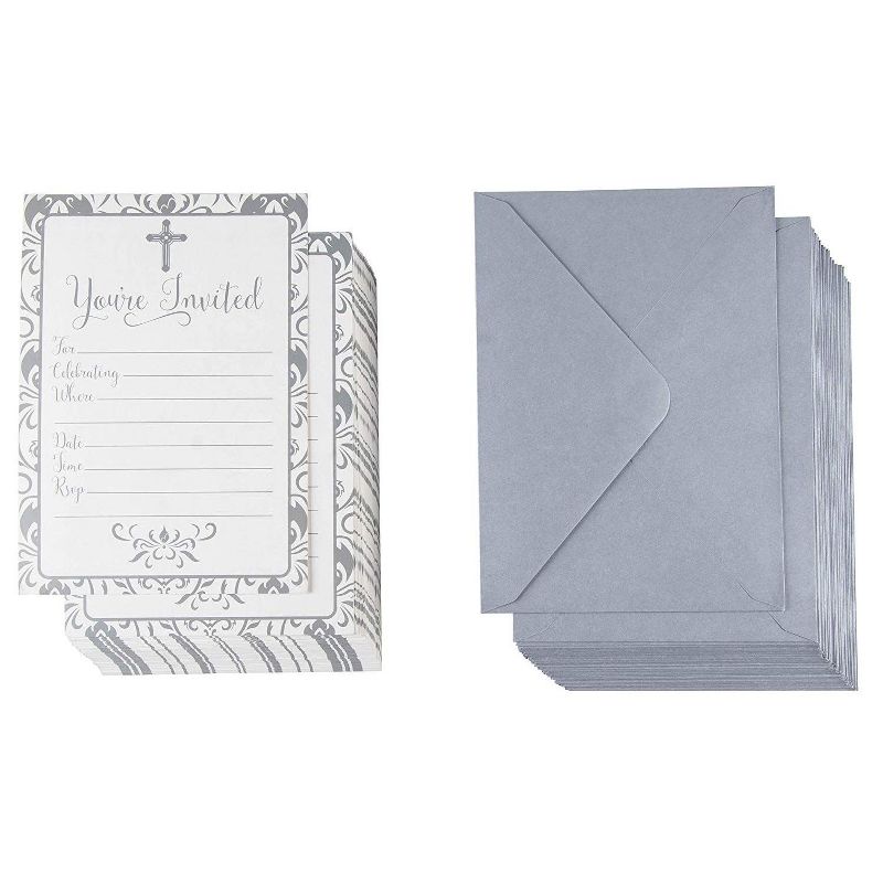 60-Pack Religious Invitations - Christian Invitation Cards, Silver Cross and Floral Pattern, Baptism, Church Events, Envelopes Included, 5x7"