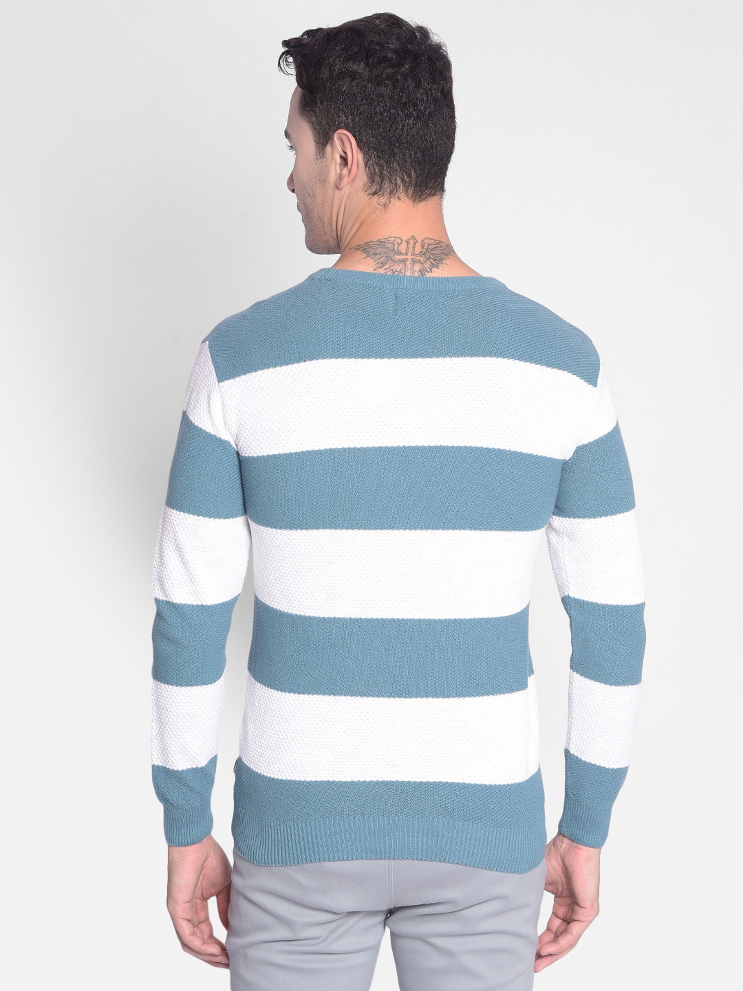 Crimsoune Club Blue & White Regular Fit Striped Cotton Sweater