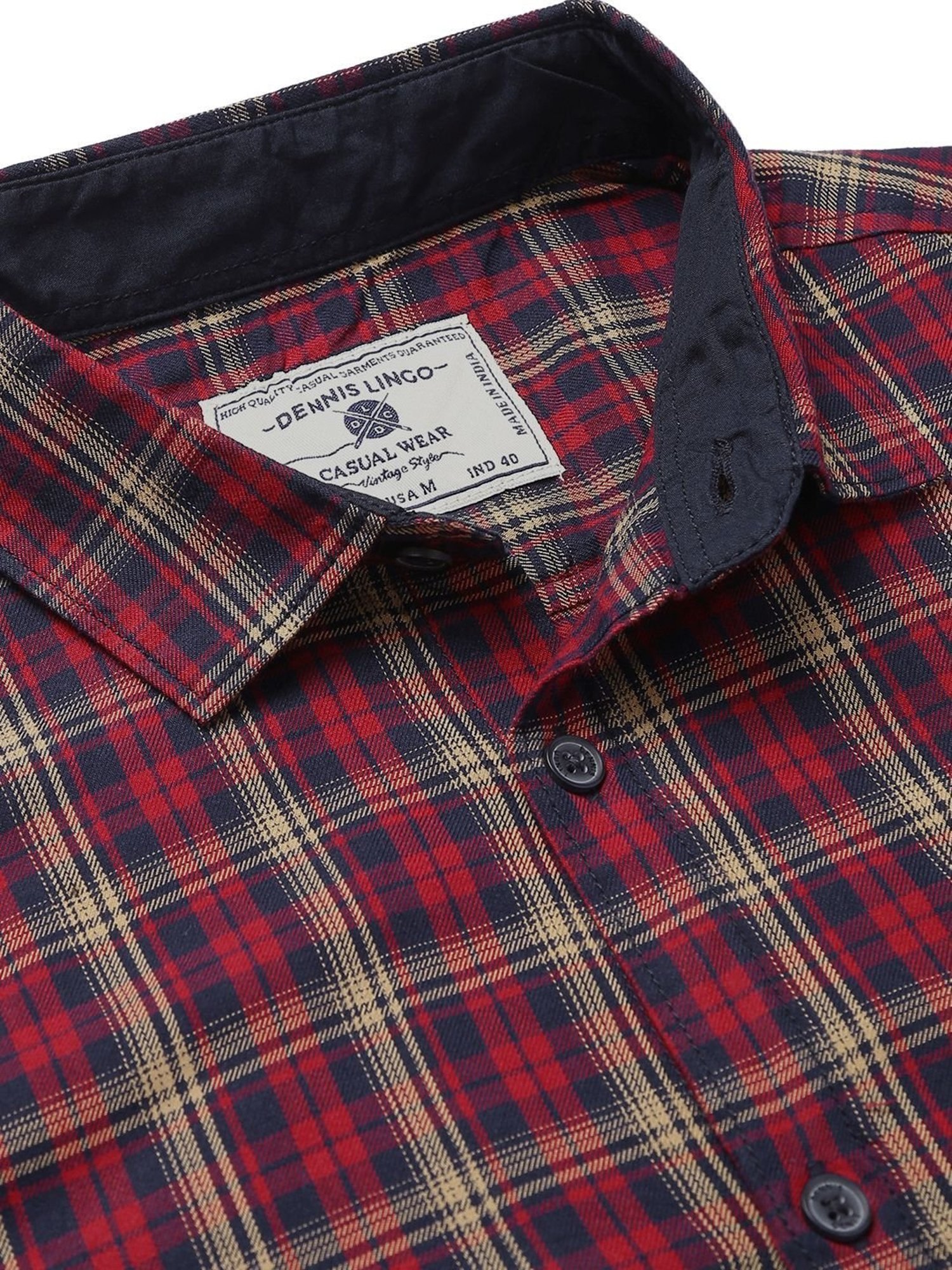 Dennis Lingo Red Cotton Slim Fit Checks Shirt