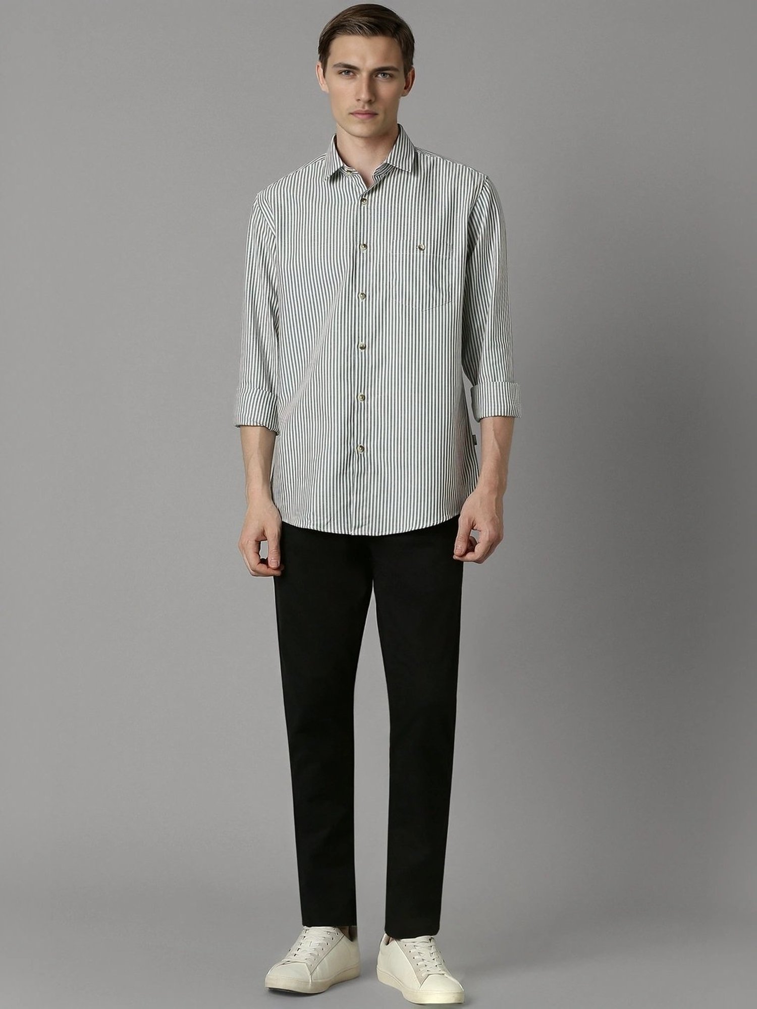 Louis Philippe Grey Cotton Slim Fit Striped Shirt