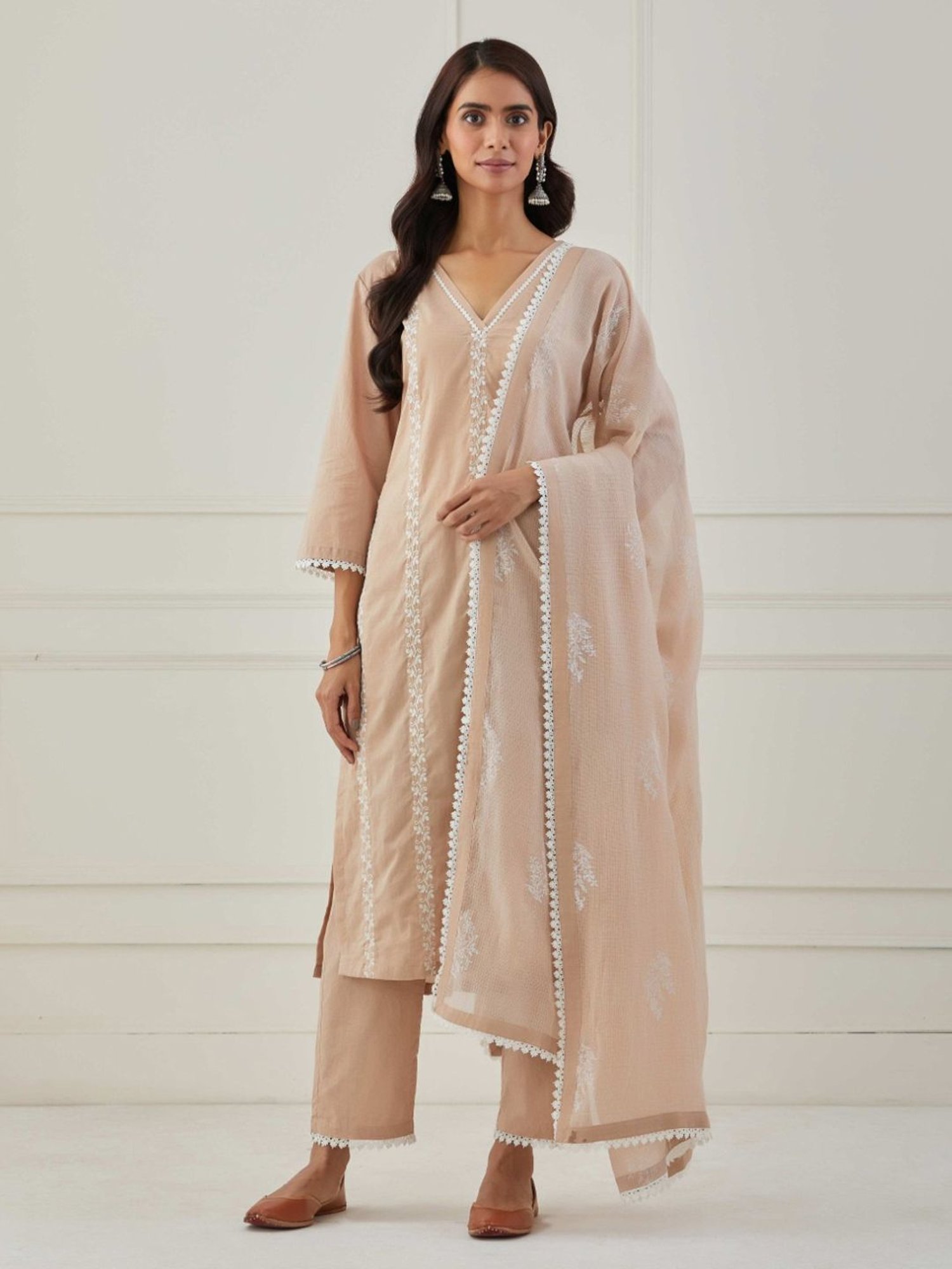 Priya Chaudhary Beige Sudha Embroidered Cotton Kurta