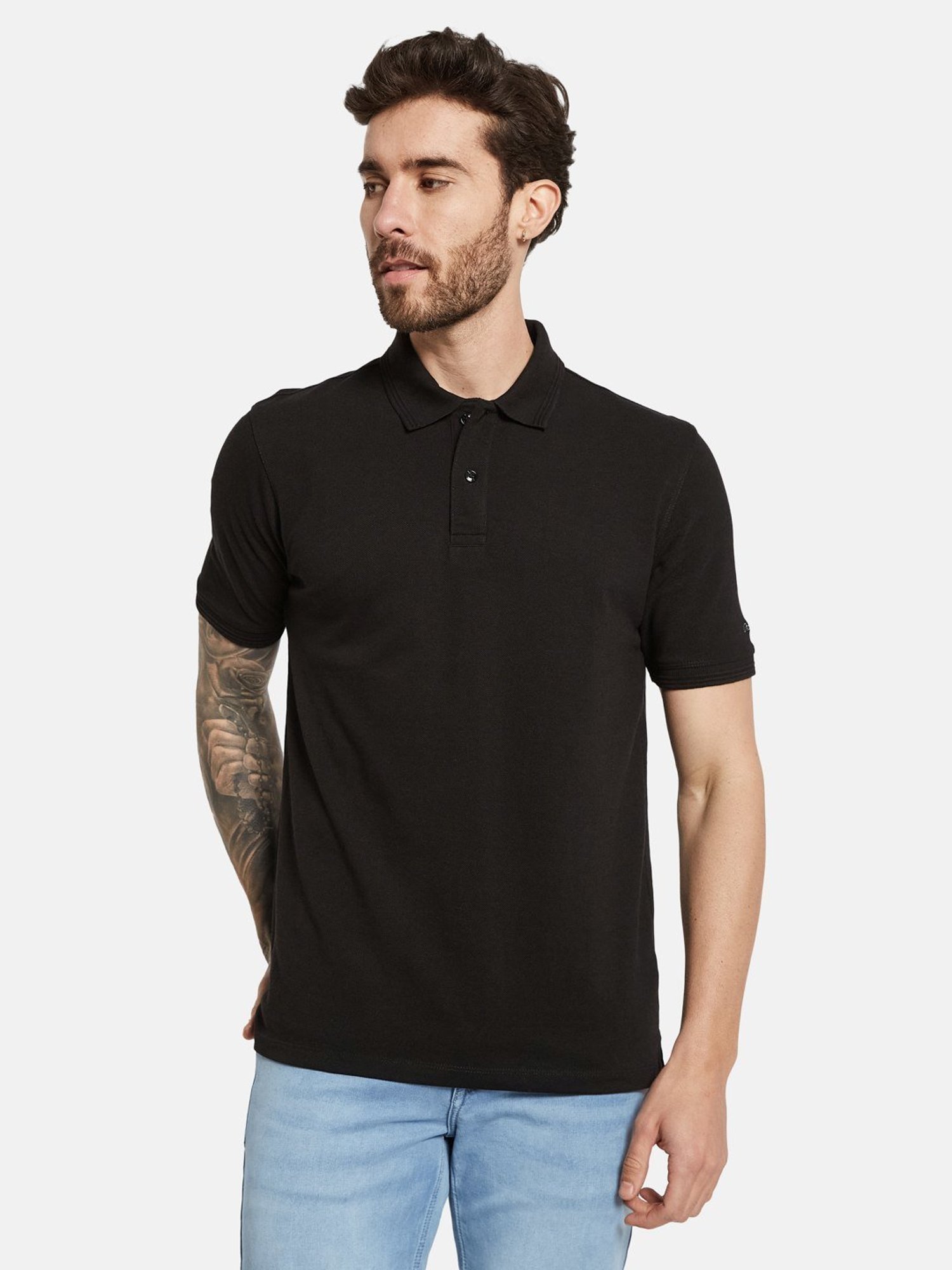 Octave Black Cotton Regular Fit Polo T-Shirt
