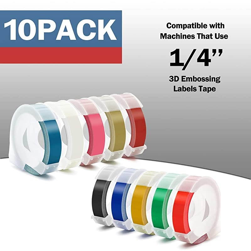 3D Embossing Labels Tape Compatible with Dymo Embossing Label Maker DIY Manual Label Printer,1/4''x 9.8',10 Colours Plastic Organizer Embossing Label Makers 1610 Tape 10 Rolls