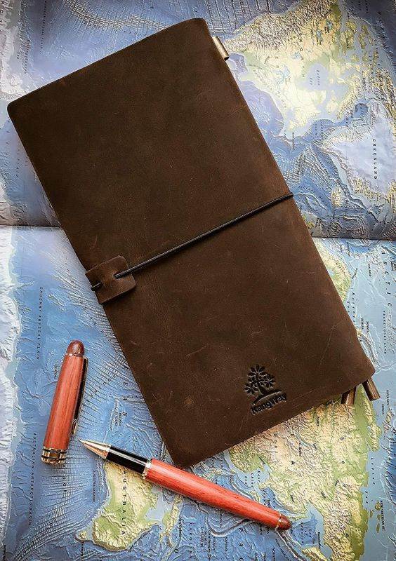 KangWay Genuine Leather Journal Refillable Traveler Notebook Card Holder Handmade Vintage Style Perfect Gift for Men Women Professional Writing Diary Standard 8.5x4.7 Large Dark Brown