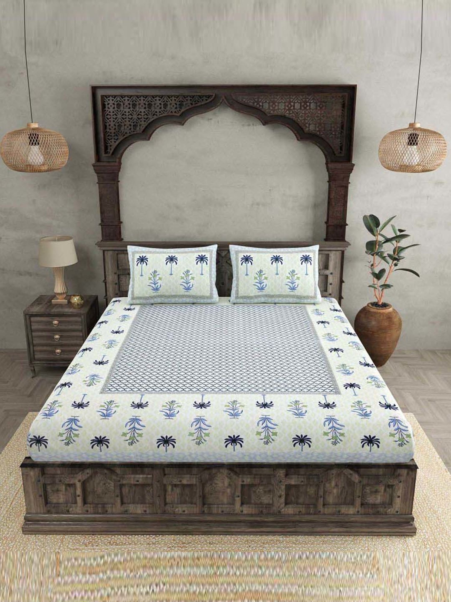 JaipurFabric Blue & White Cotton 180 TC Double Bedsheet with 2 Pillow Covers