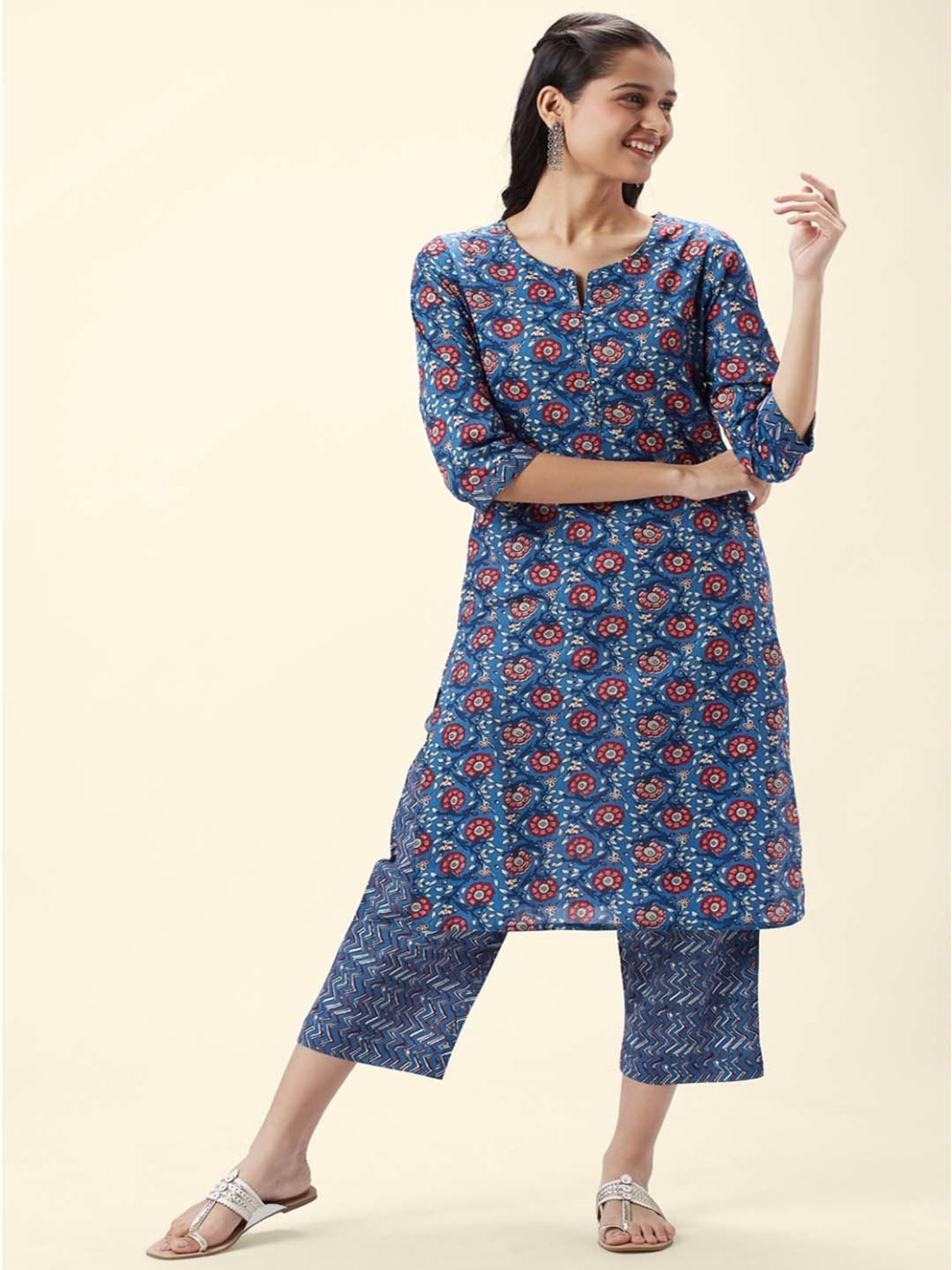 Rangmanch by Pantaloons Blue Cotton Floral Print Kurta Palazzo Set
