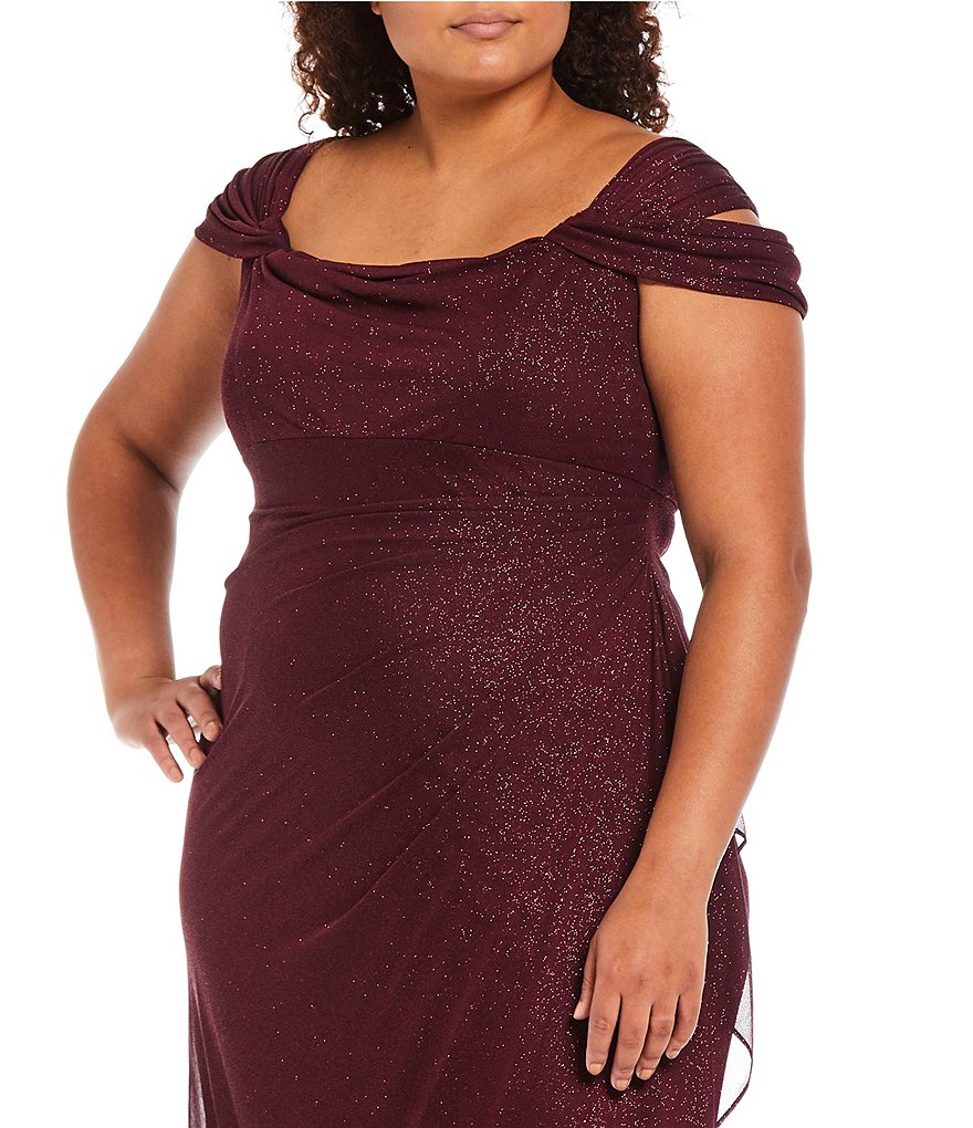 Alex Evenings Plus Cold Shoulder Cowl Neck Cap Sleeve Glitter Mesh Gown