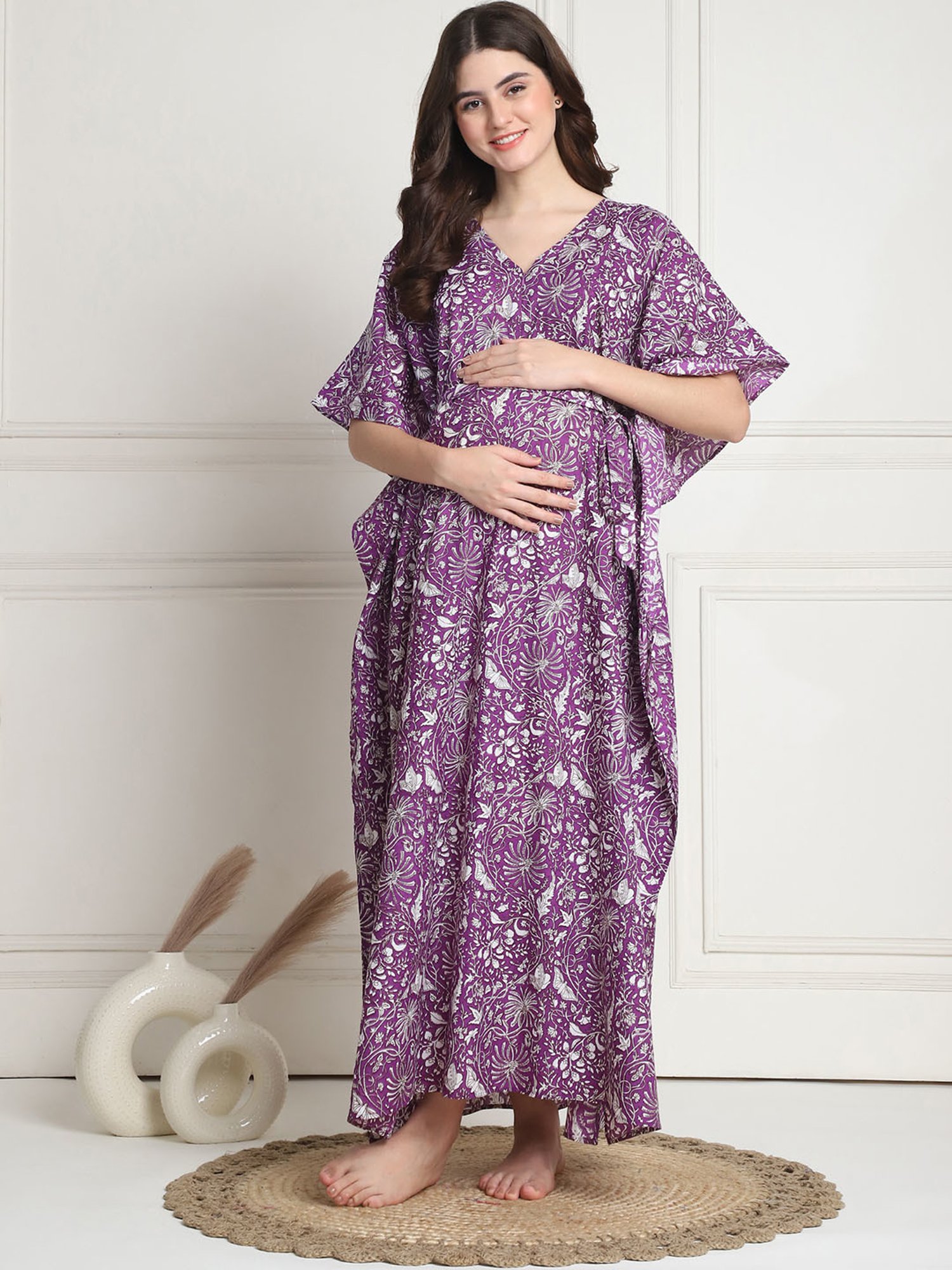 Secret Wish Purple Floral Print Maternity Kaftan Night Dress