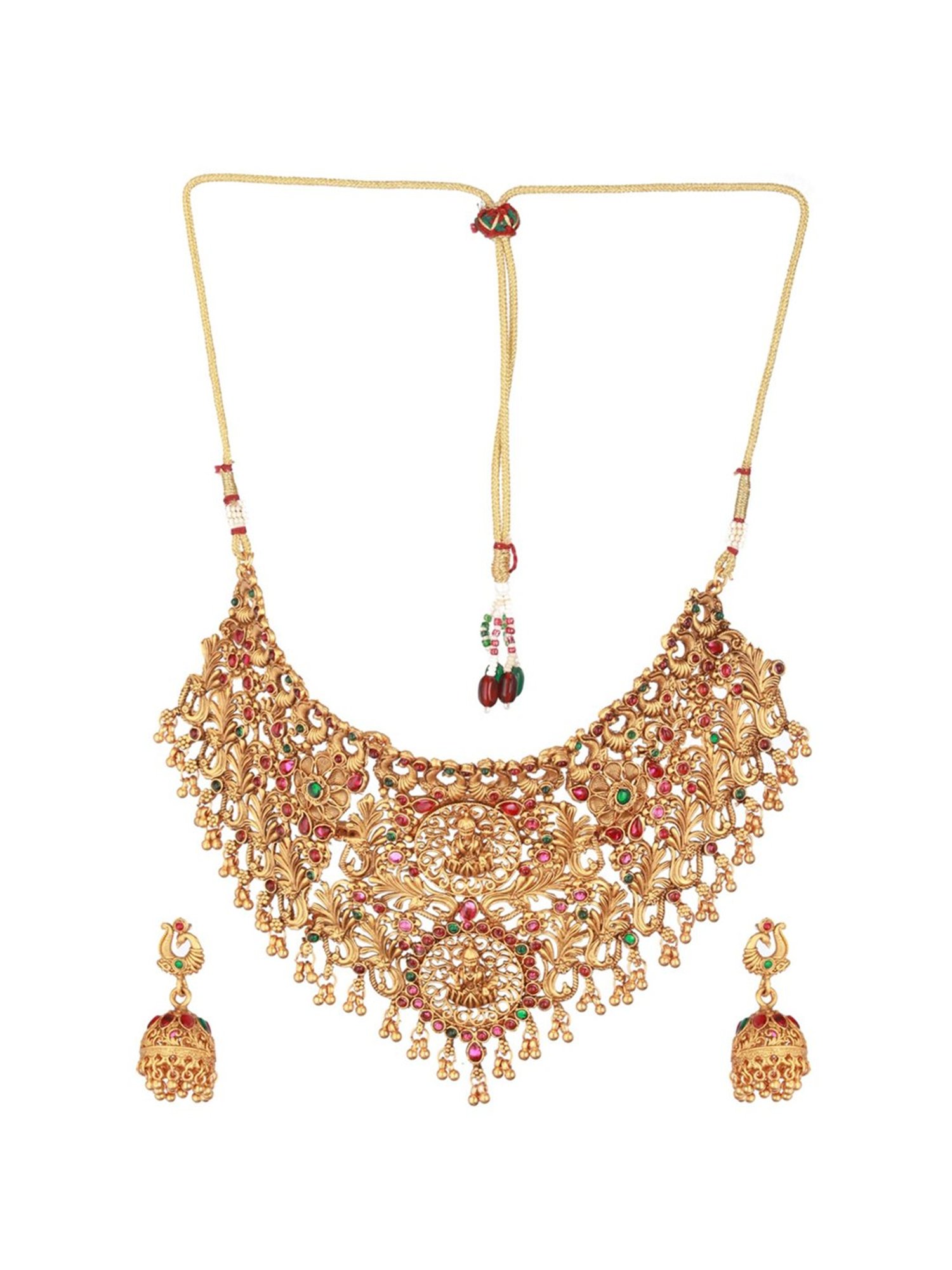 Aatmana Gold-Plated Red & Green Stone-Studded Temple Necklace Set