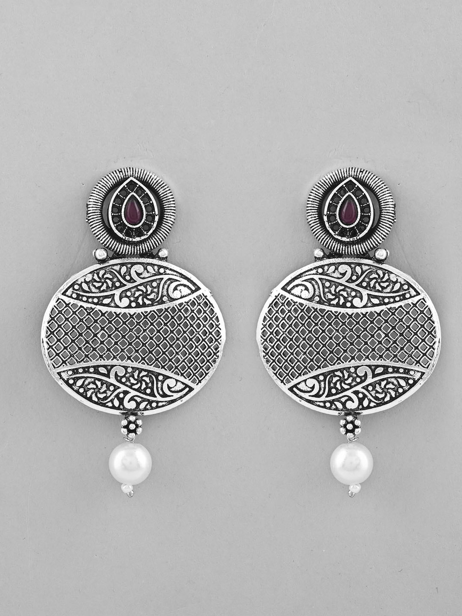 VOJ Rhodium-Plated Oxidized Contemporary with Pearl Earrings for Women