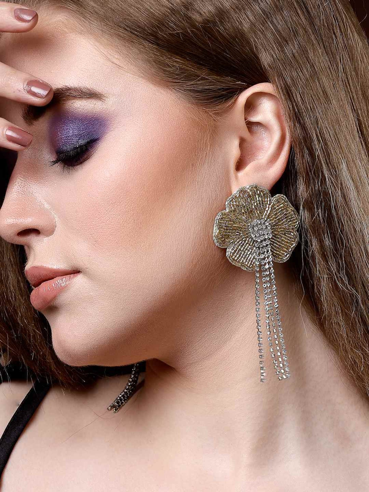 Moedbuille Crystals Handcrafted Floral Contemporary Design Tasselled Earrings