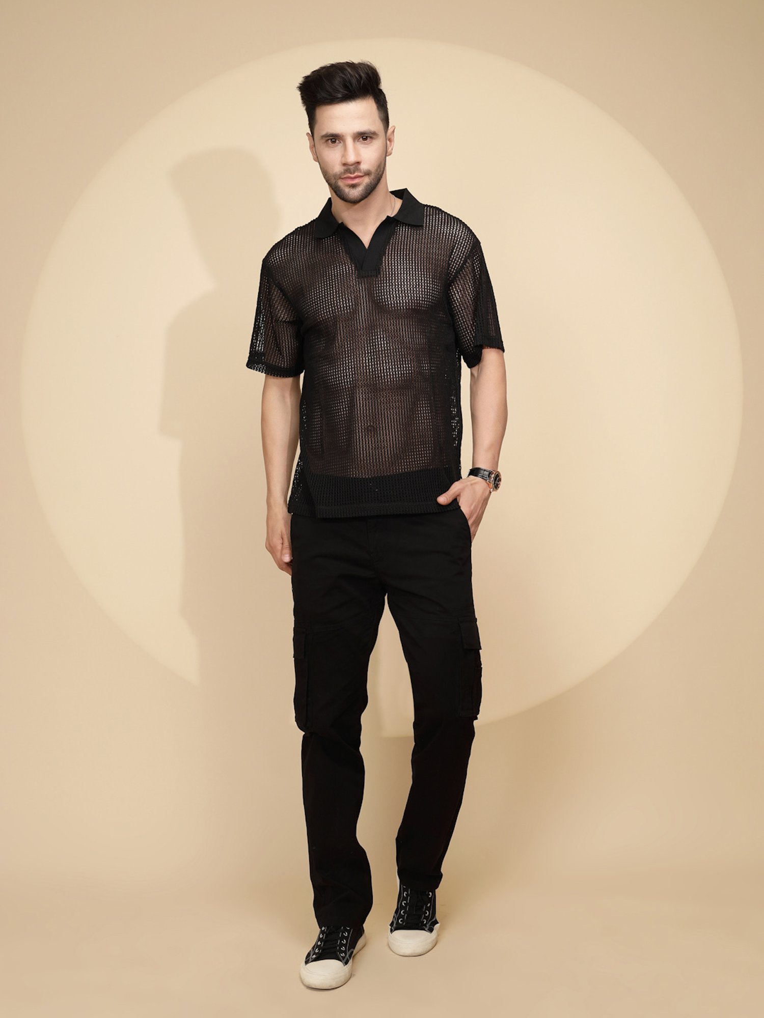 Global Republic Black Regular Fit Self Design Polo T-Shirt