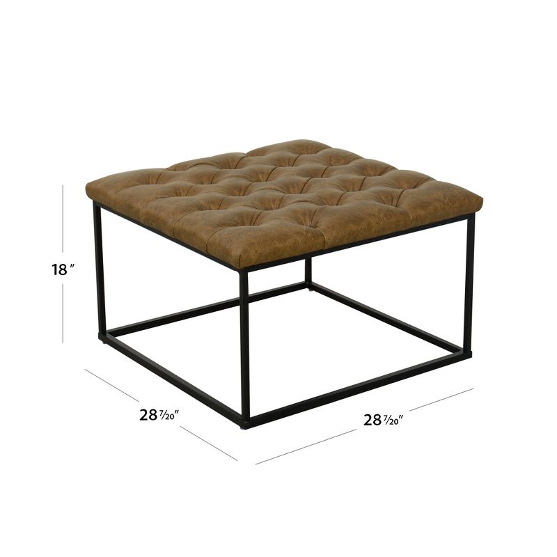 Square Metal Ottoman with Button Tufting Faux Leather Light Brown - HomePop