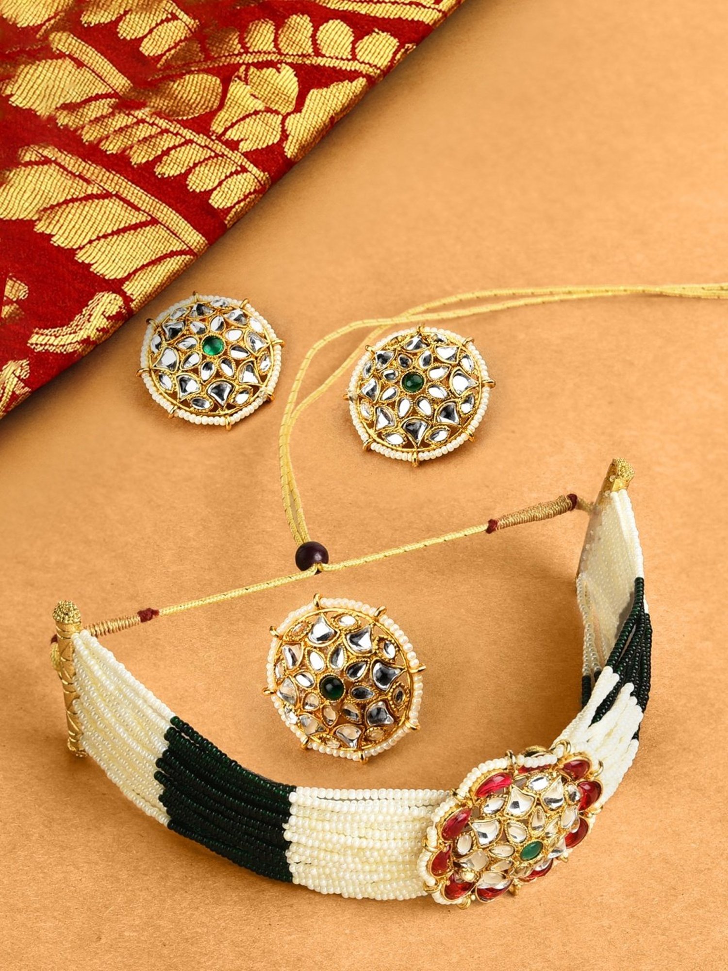 Zaveri Pearls Green & Pink Multistrand Ethnic Choker Necklace Earring & Ring Set-ZPFK10775