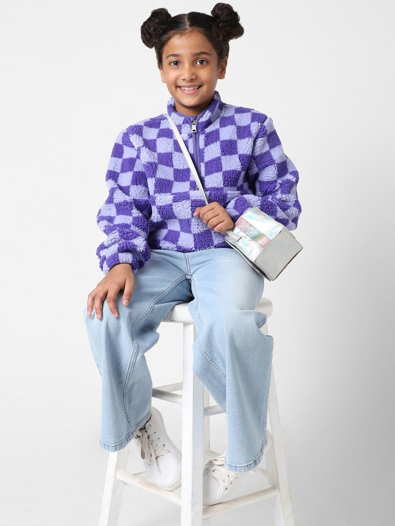 KIDS ONLY Kids Purple Chequered Full Sleeves Sweatshirt